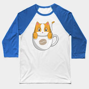 Cat with Coffee Cup Baseball T-Shirt